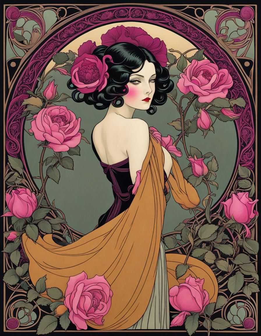 Art Nouveau Woman with Black-Rose Hair