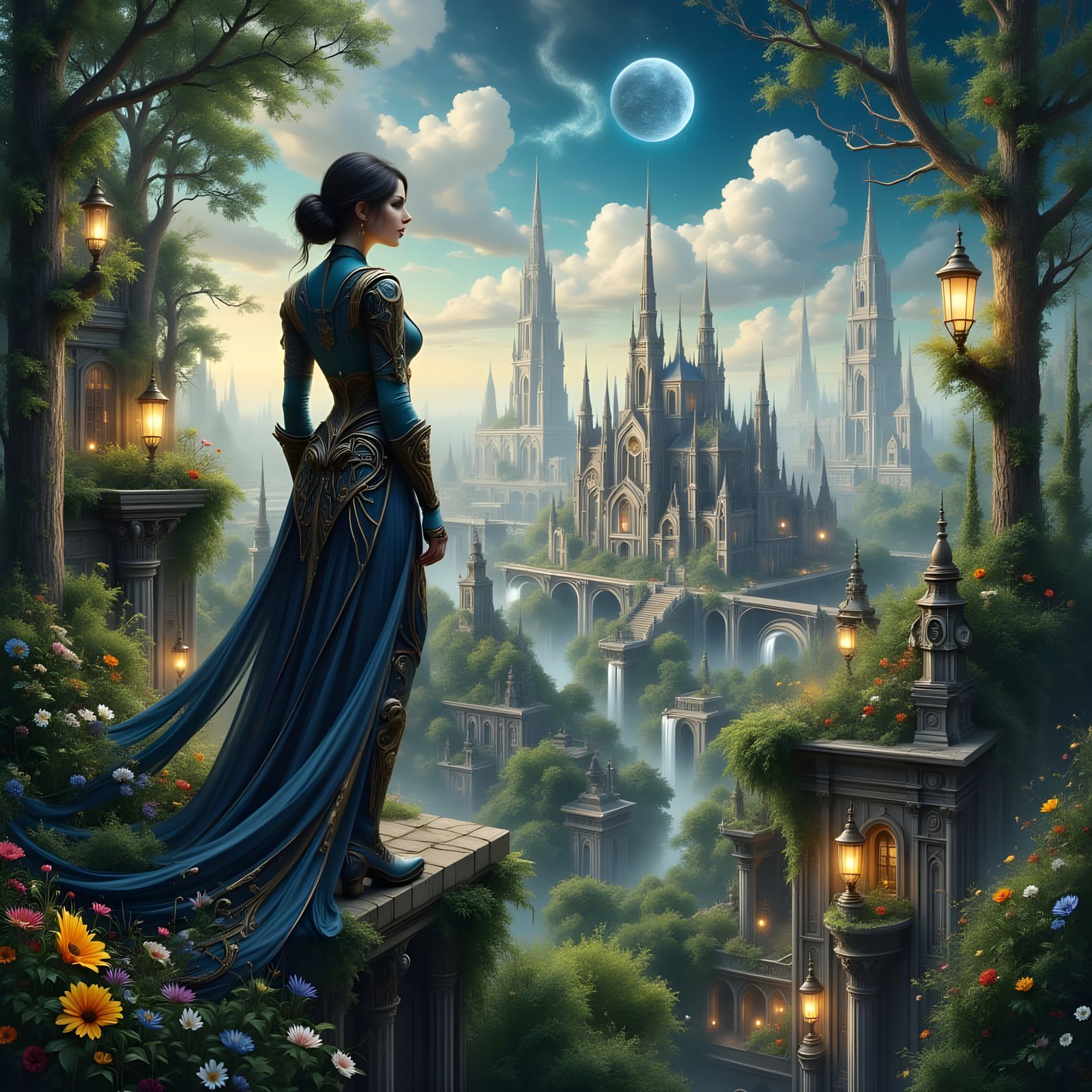 Steampunk Cityscape at Dusk, in a Whimsical Aesthetic