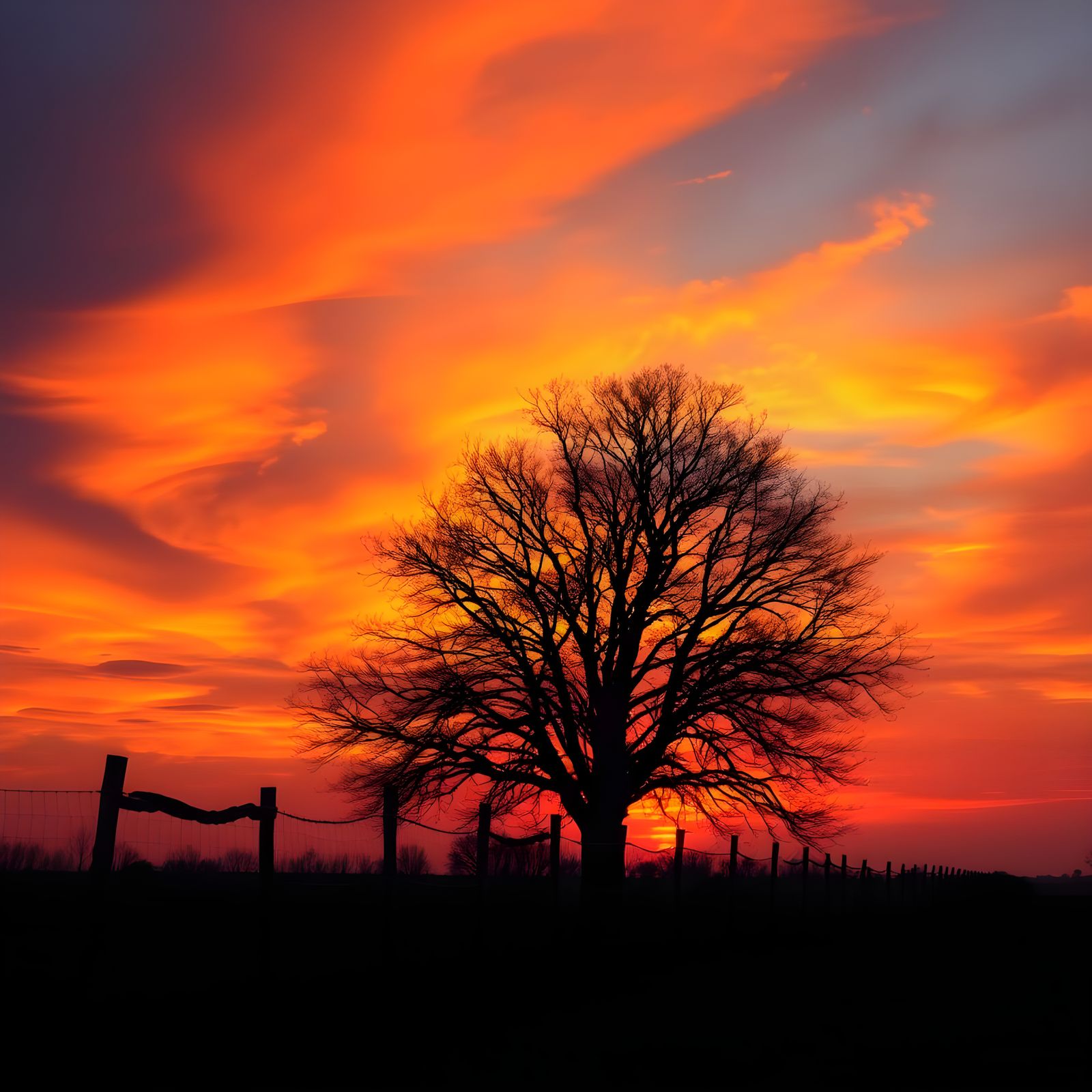 Dramatic Sunset with Swirling Clouds over a Rustic Landscape