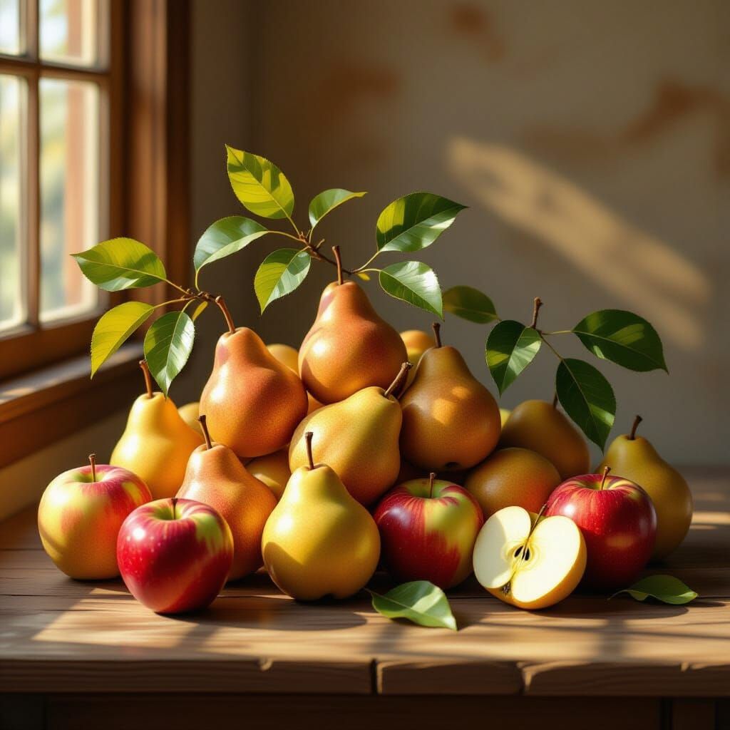 Hyperrealistic Digital Painting of Ripe Fruit on Table