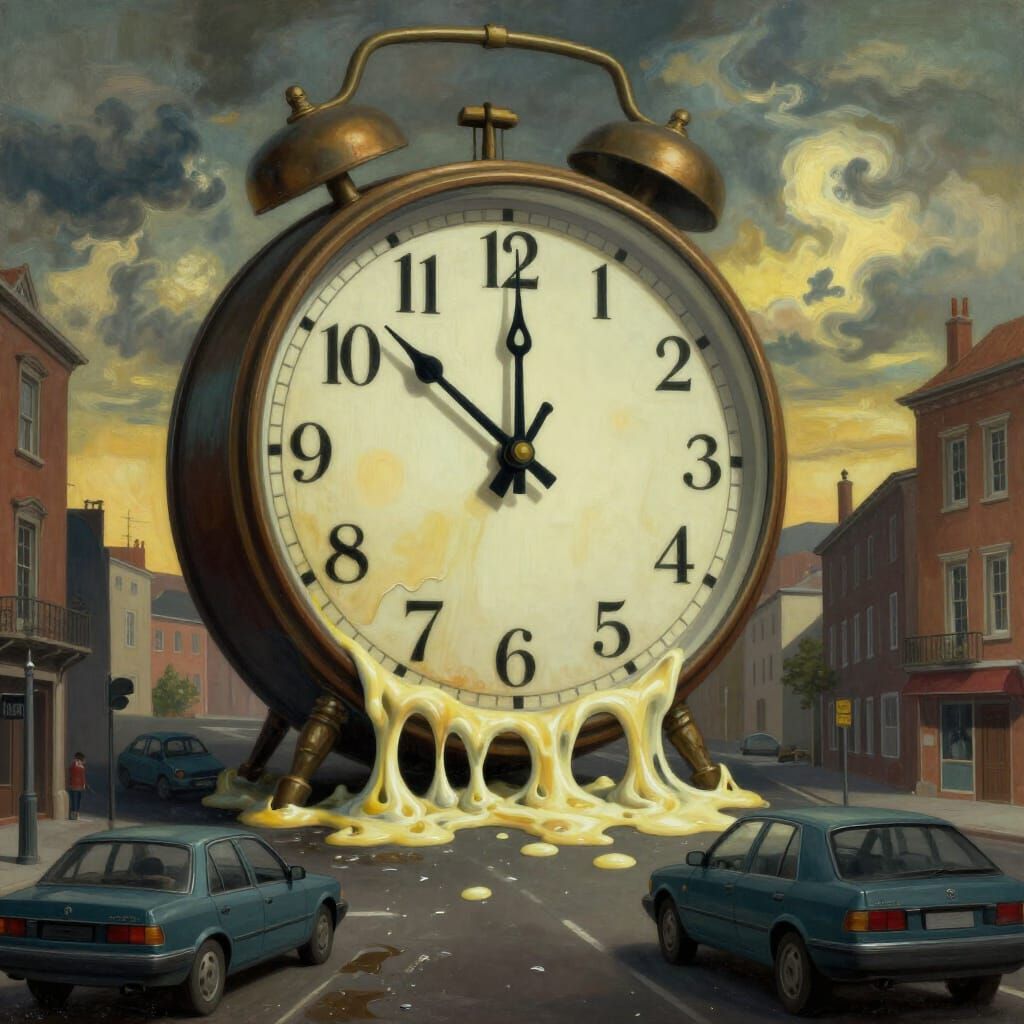 Melting Clock Surreal Cityscape with Moody Lighting
