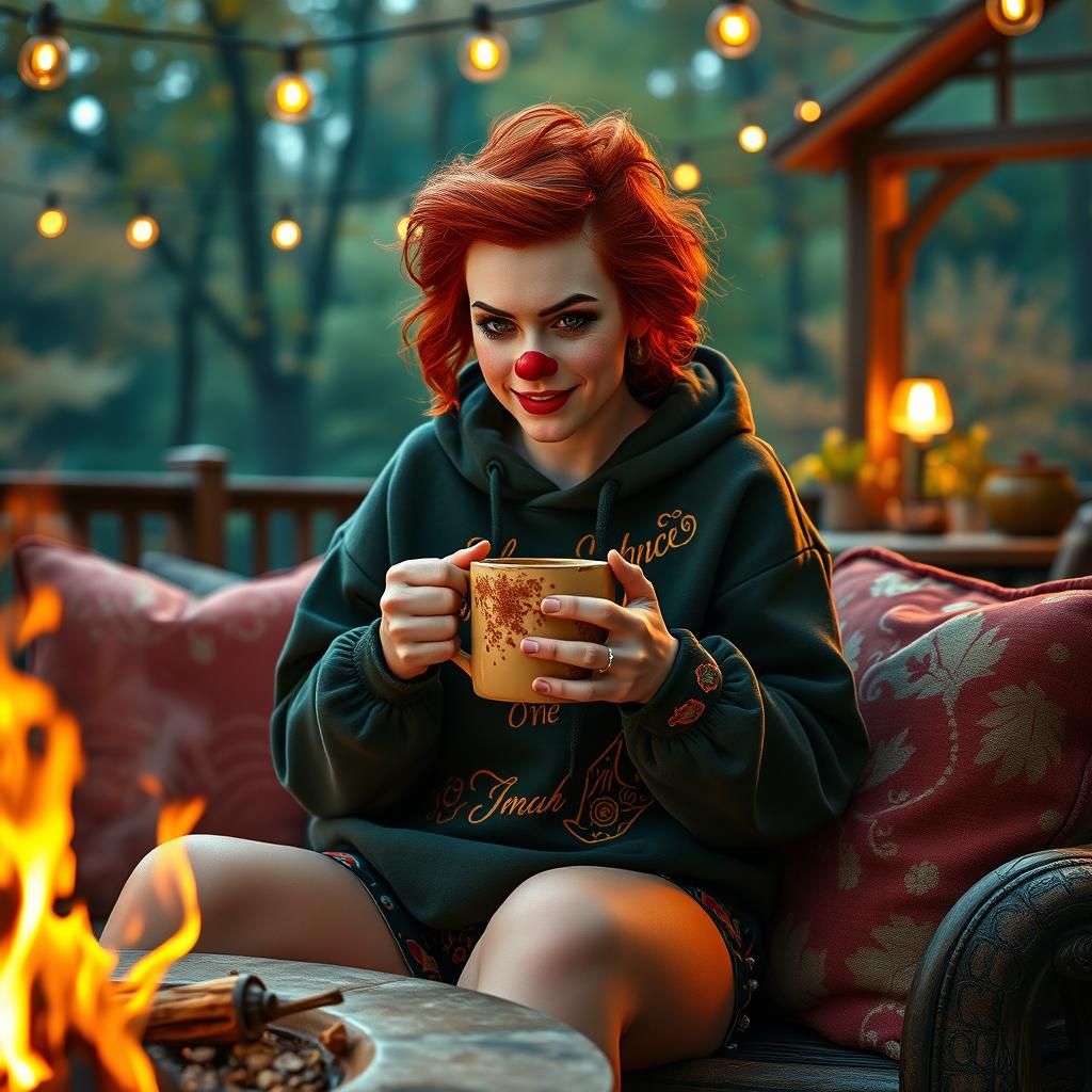 Emma Stone as Autumn Clown with Coffee