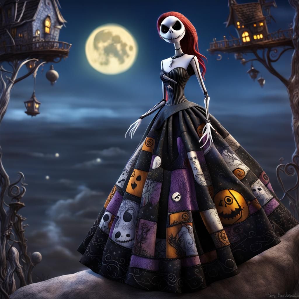 ((Jack skellington)) and ((Sally patchwork dress)) by Tim Burton , detailed eyes, walking on a cliff overlooking Hallowe...