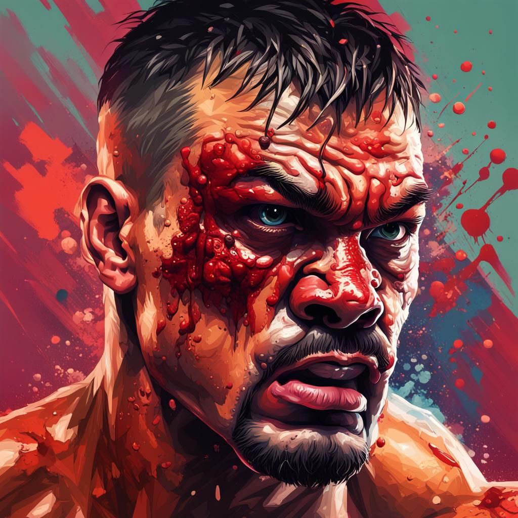 Hyperrealistic Boxer with Bloody Eyes and Beaten Face
