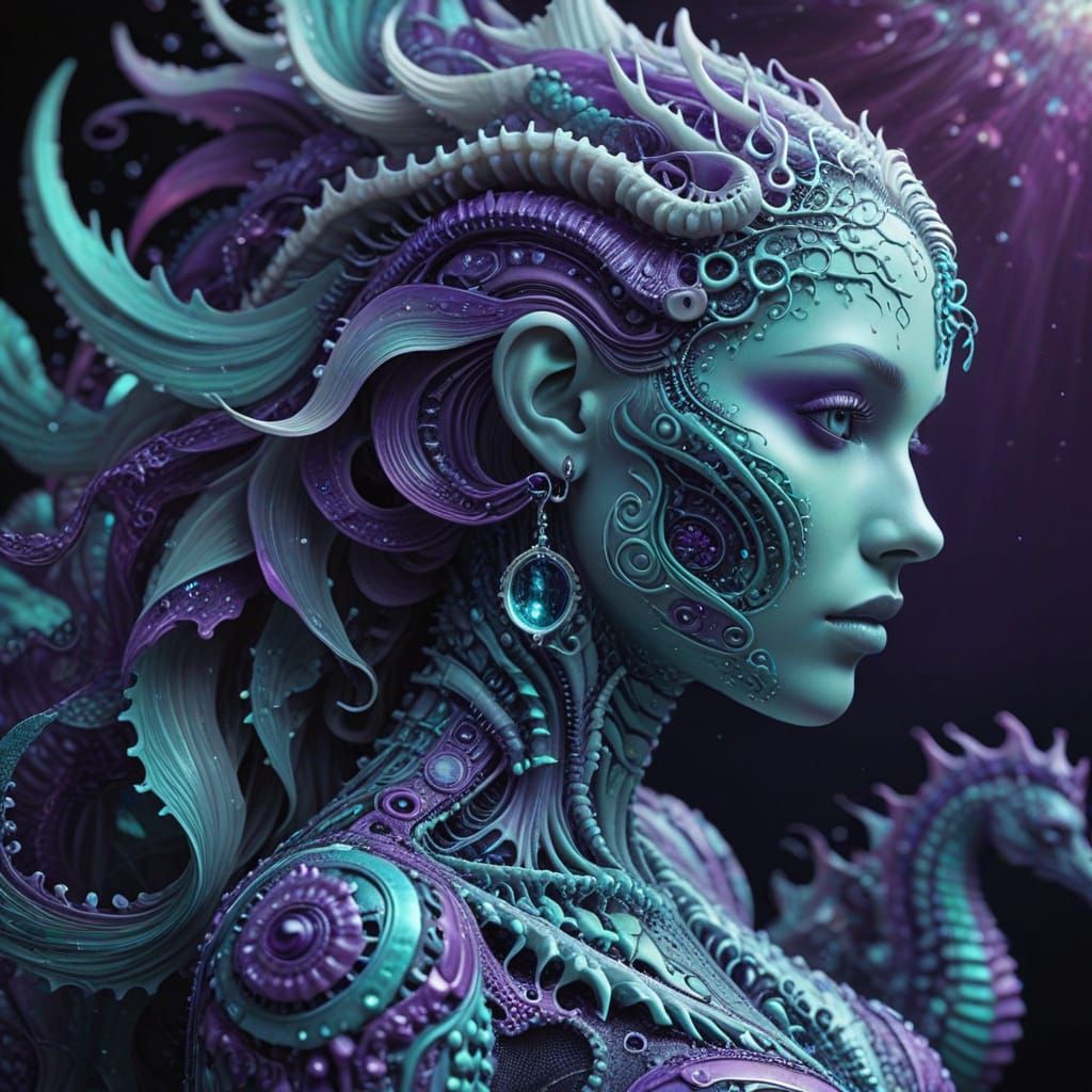 Surreal Albino Siren Rides Iridescent Seahorse