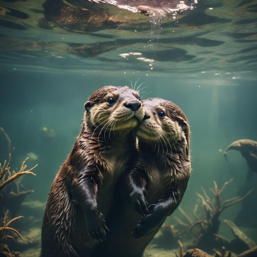 Otter Couple in Loving Embrace: Cinematic Underwater Scene
