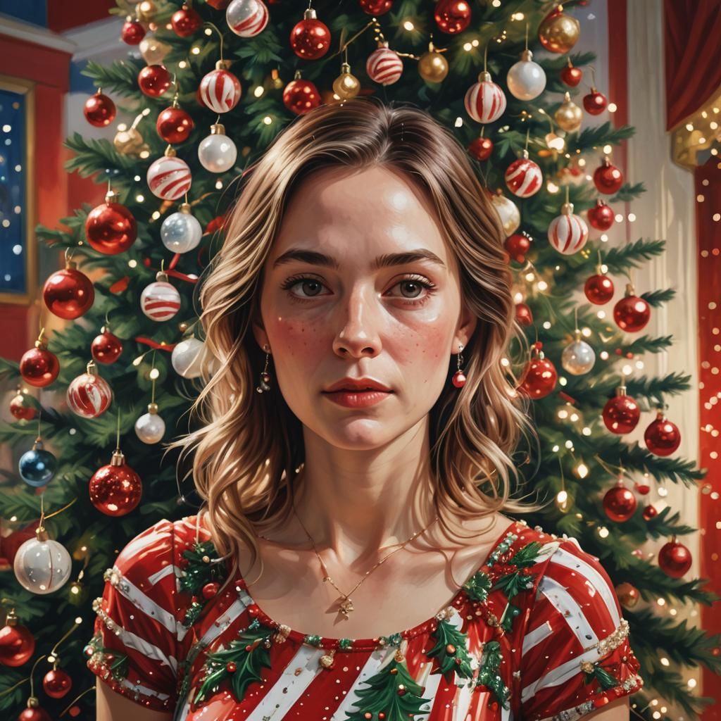 Woman in Striped Dress Beside Christmas Tree