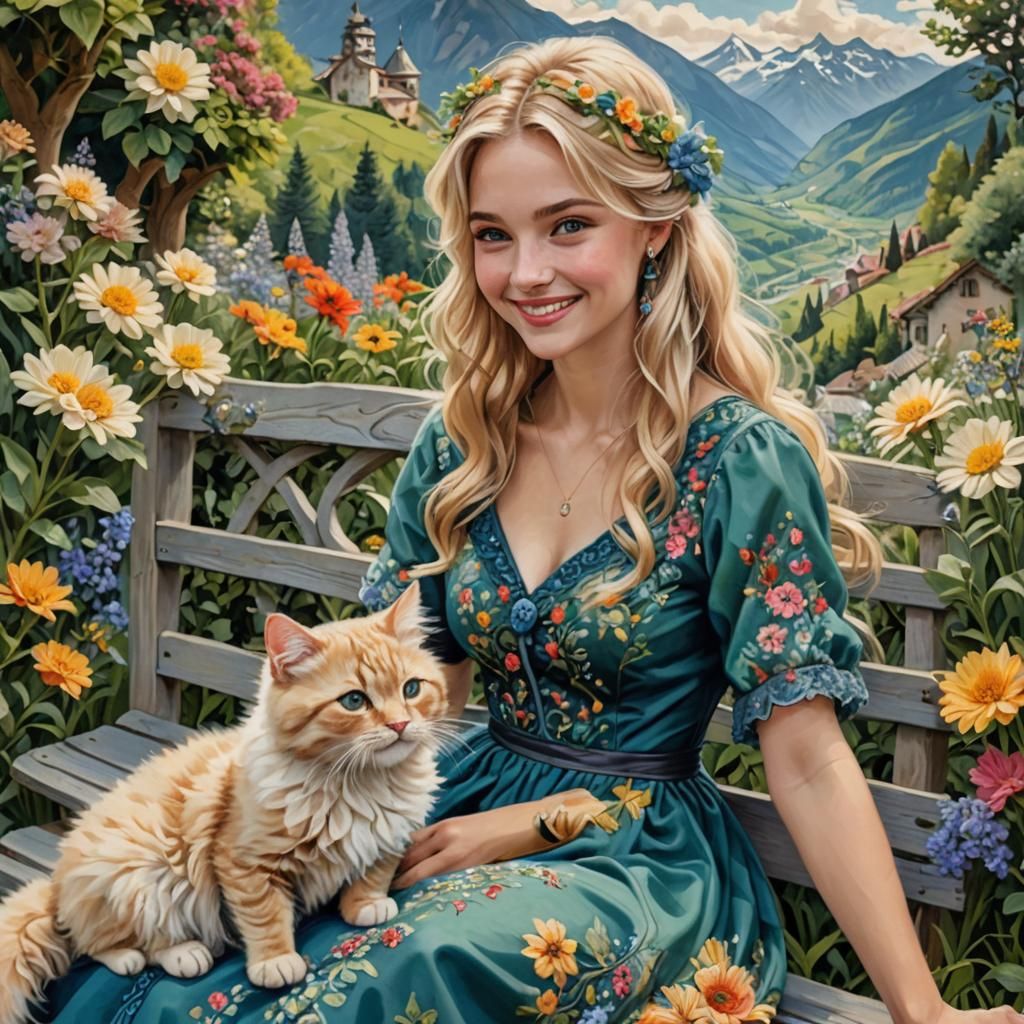 Woman with Cat in Flower Garden, Impressionist Style