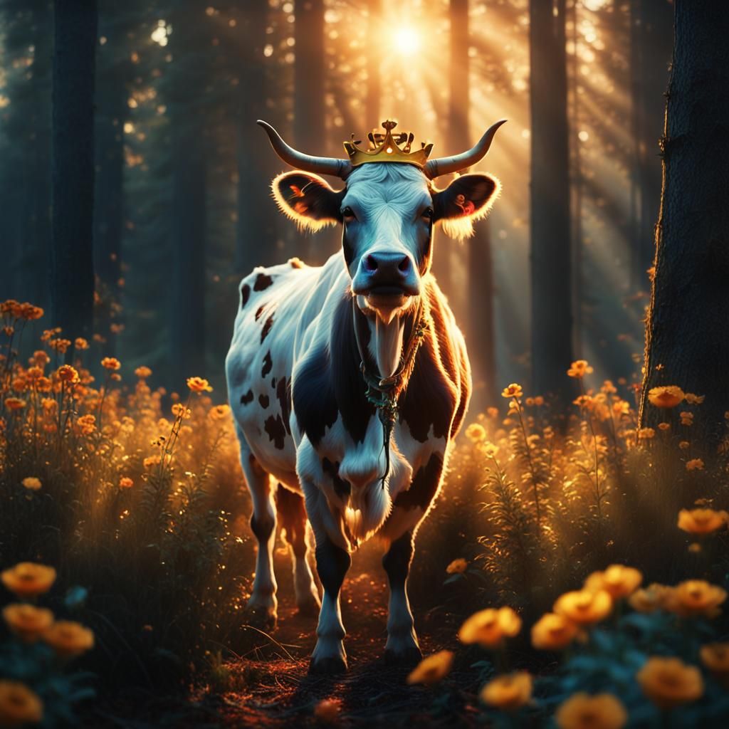 Cow with Flower Crown in Mystical Forest