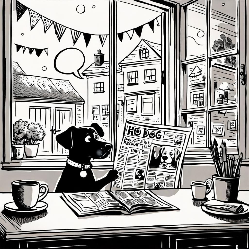 Cartoon Clues Dog Reads Newspaper in Cozy Kitchen