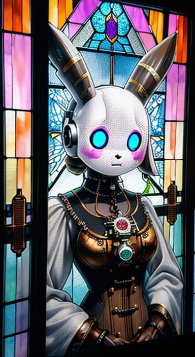 Steampunk Lady Cinnamoroll Amidst Vibrant Stained Glass