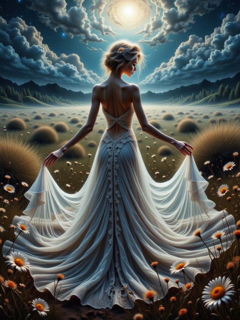 Woman in Transparent Dress Under Lightning Sky