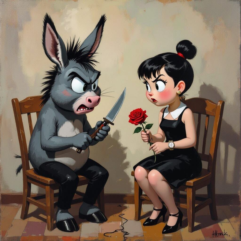 Donkey and Boy in Tense Scene, Oil Painting Style