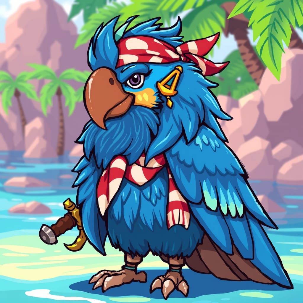 Pixel Pirate Parrot with Azure Plumes and Cerulean Beard