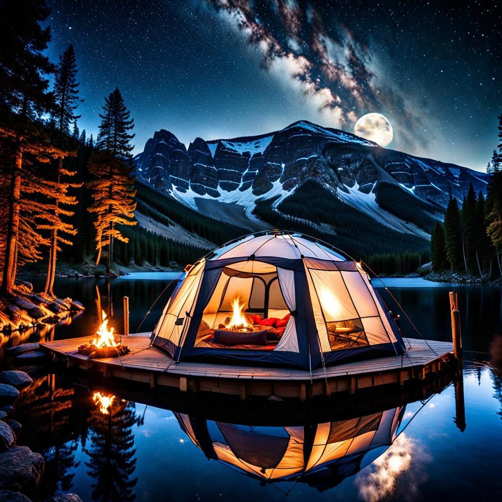 Scenic Lakeside Dome Tent Under Starry Night