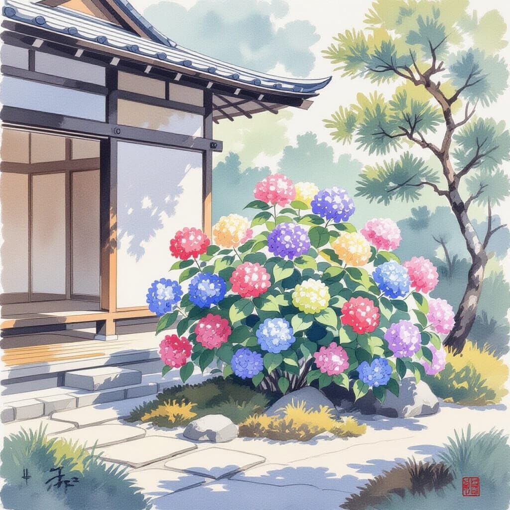 Hydrangea in Japanese Garden: Yamato-e Style Painting