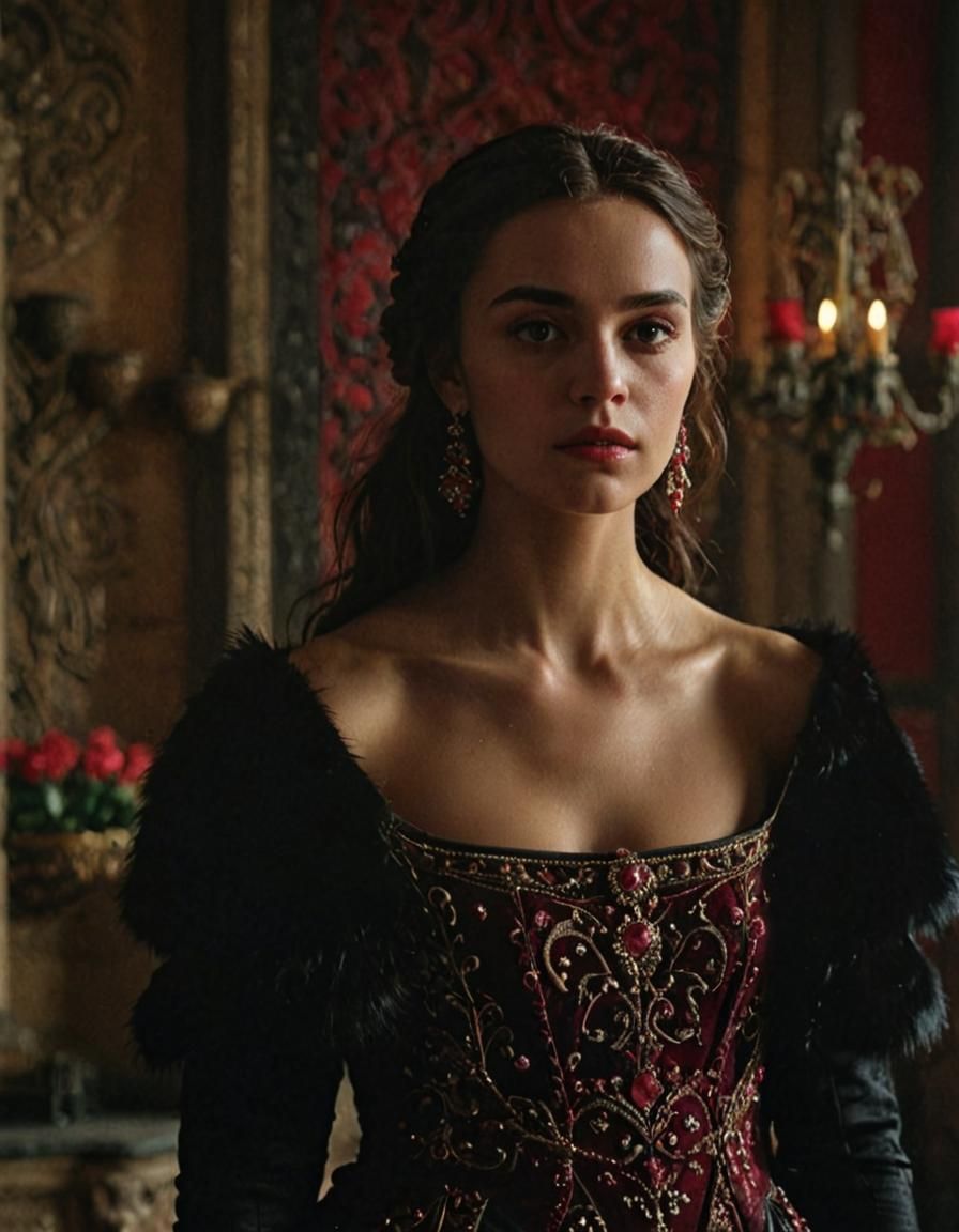 Medieval Lady in Opulent Room: Photorealistic Portrait