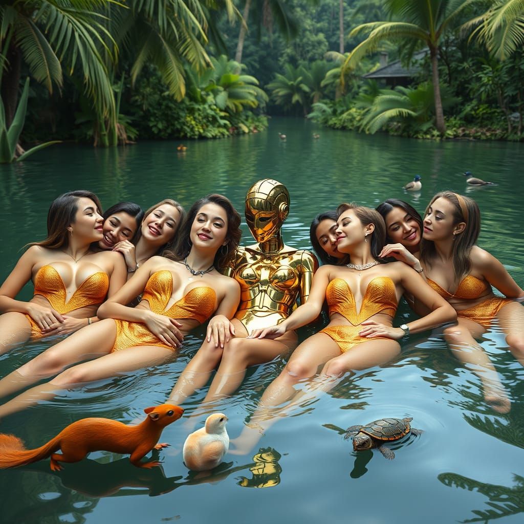 Hyperrealistic Scene of 12 Women and a Golden Robot in a Tro...