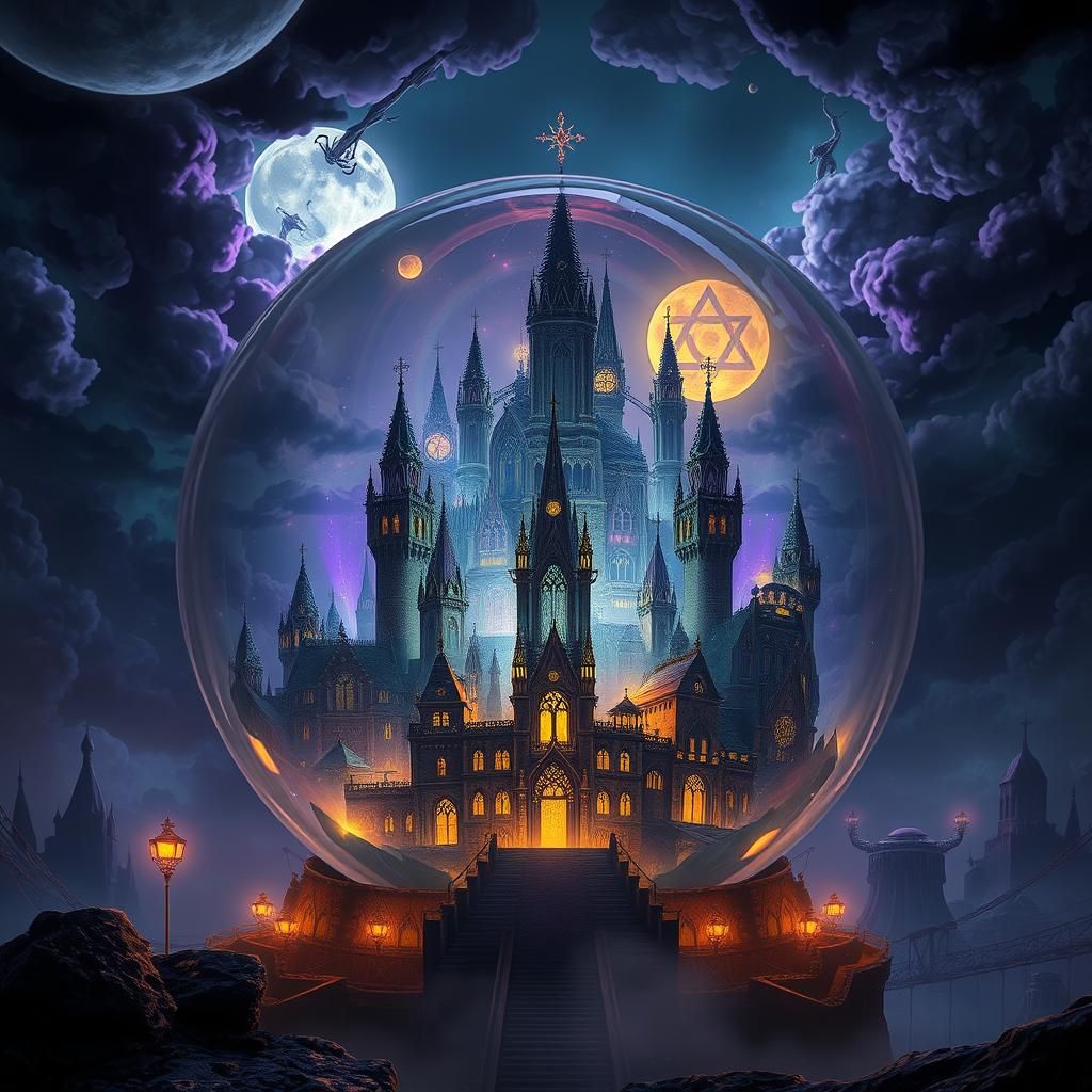 City in Glass Ball with Gothic Architecture