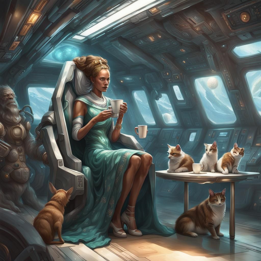 Alien Goddess Sipping Coffee in Space Shuttle