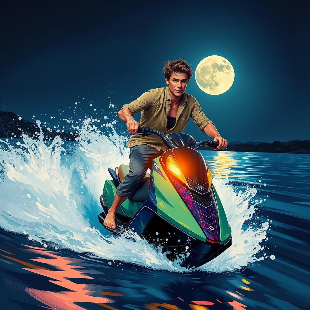Moonlit Water Scooter Ride in Graffiti Art Style
