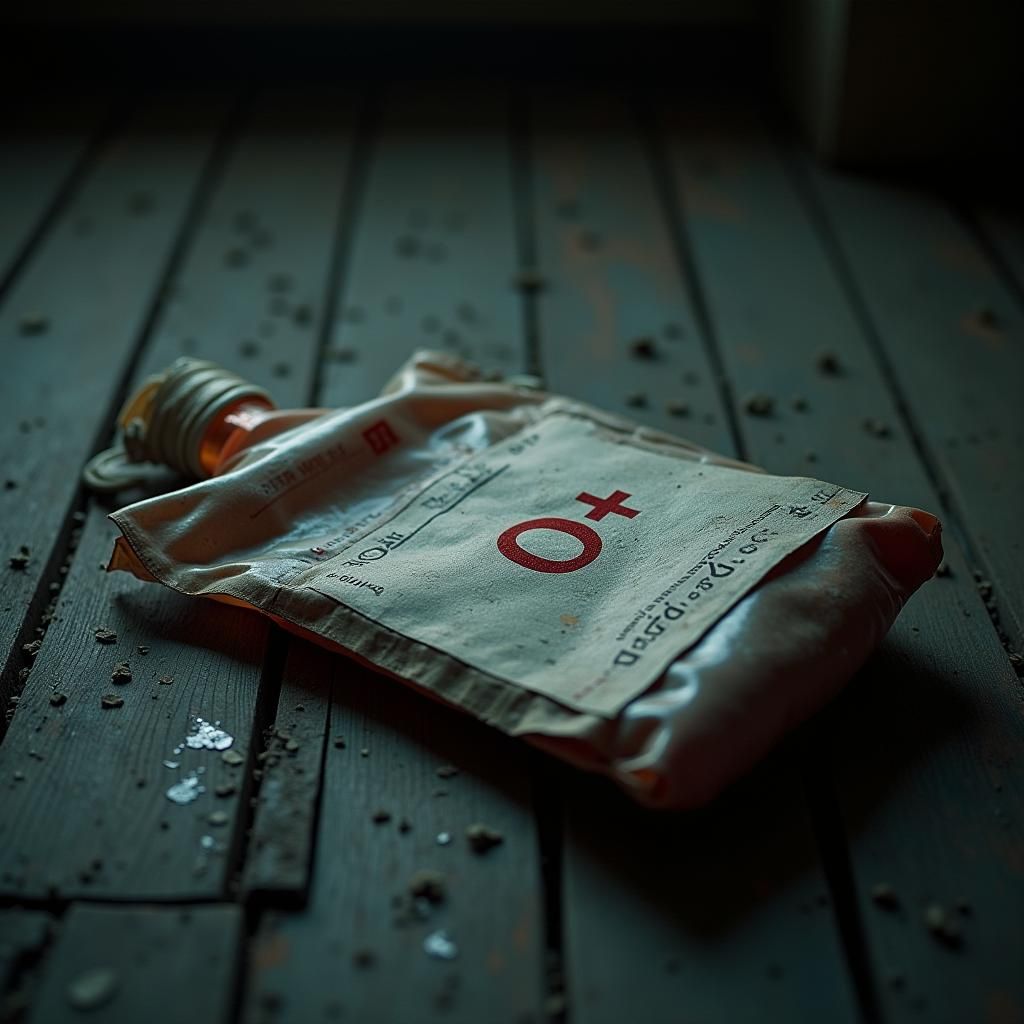Gritty Blood Bag on Dirty Floor in Film Noir Style