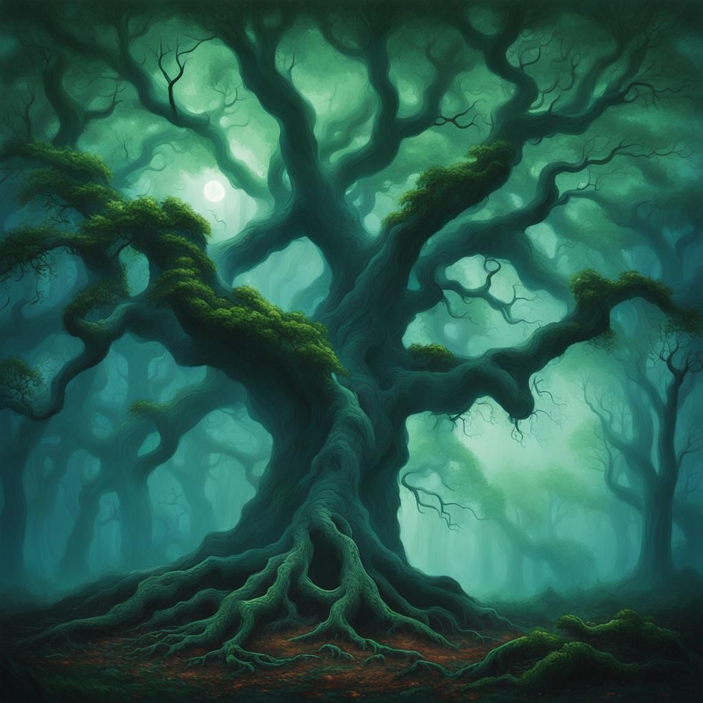 Ethereal Moonlit Forest in Heavy Rain, Dreamy Oil Painting