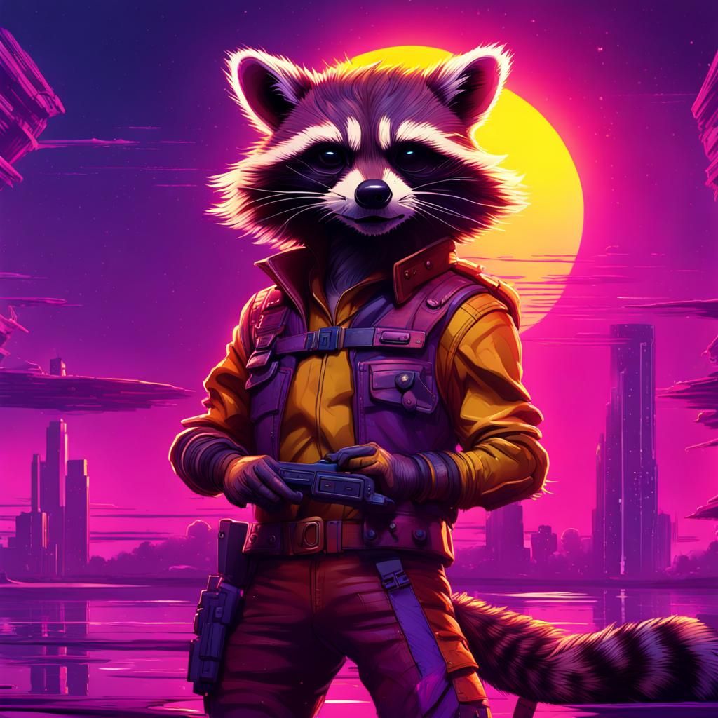 Rocket Raccoon Synthwave Sunset: Dark Fantasy Concept Art
