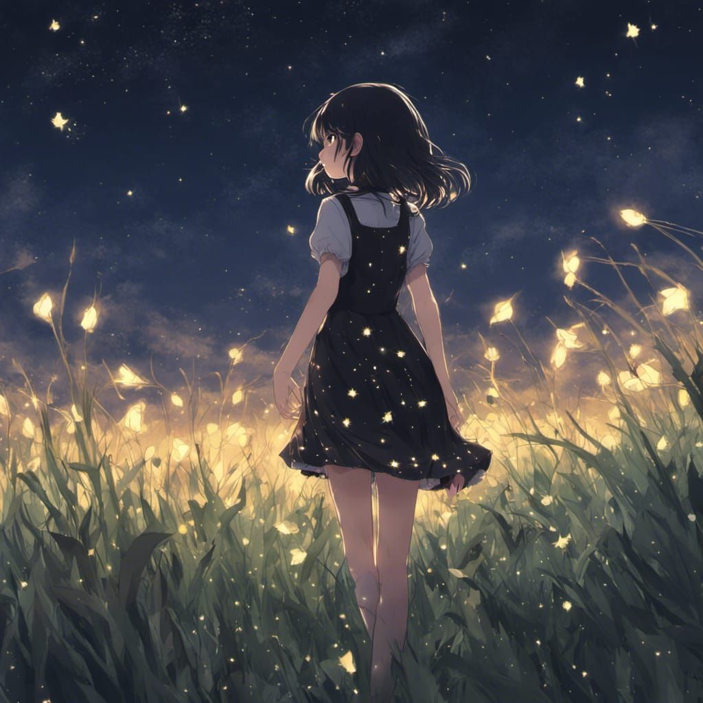 Girl in Starry Dress Walking in Field at Night
