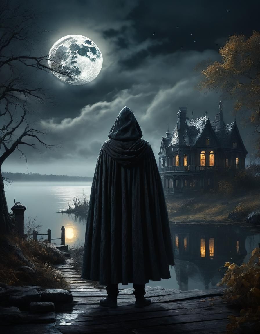 Dark Figure by Lake Under Moonlight in Dark Fantasy Style