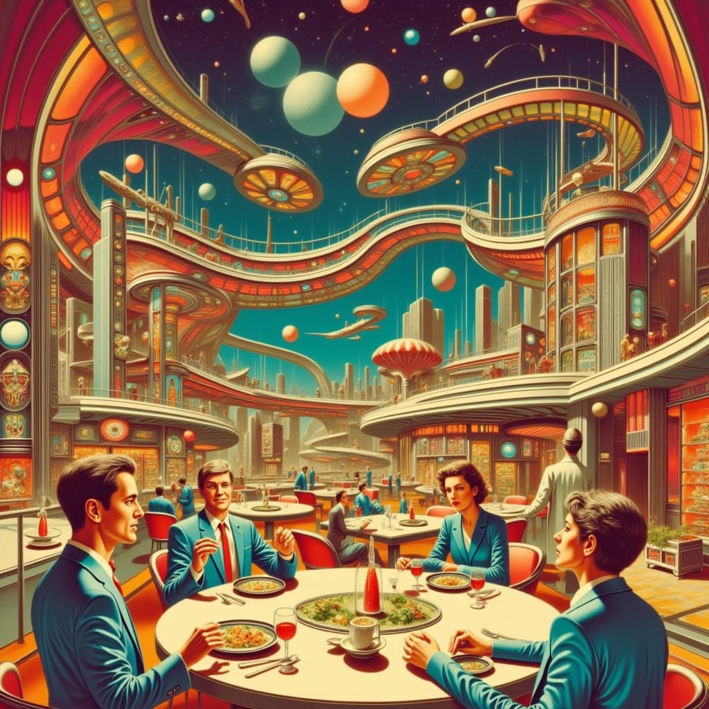 Surreal Vintage Sci-Fi Aliens on a Date in a Fanciful Restau...