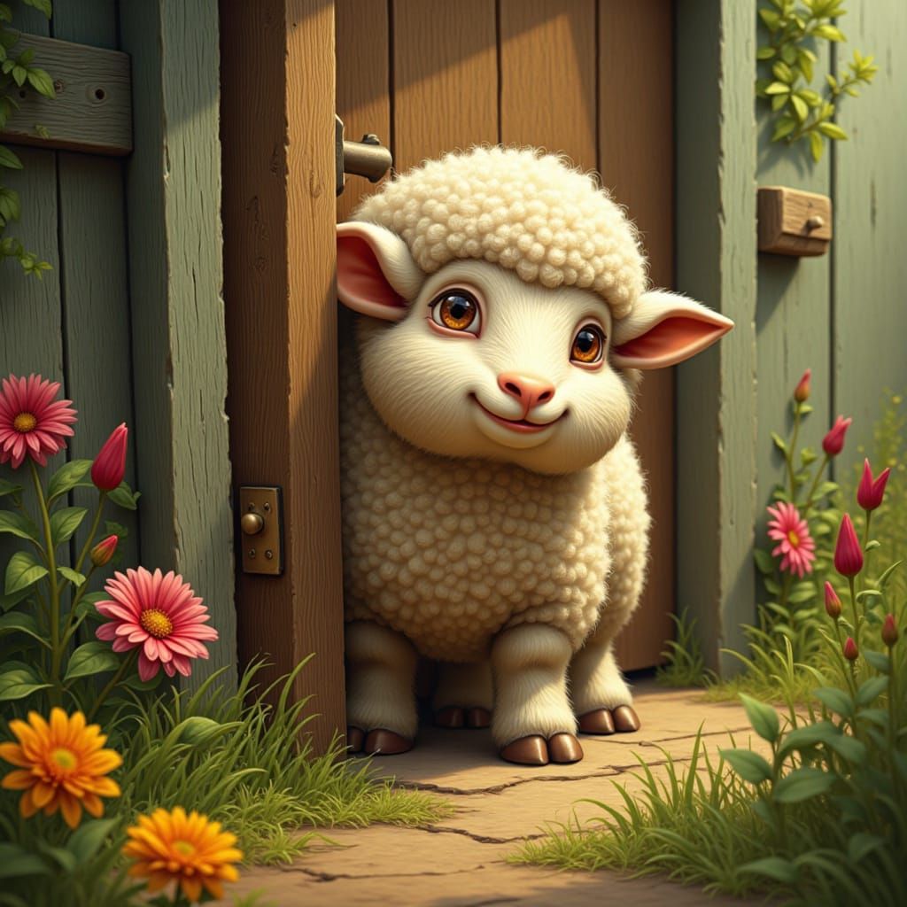 Lamb in Garden, Ghibli-Inspired Fantasy Illustration