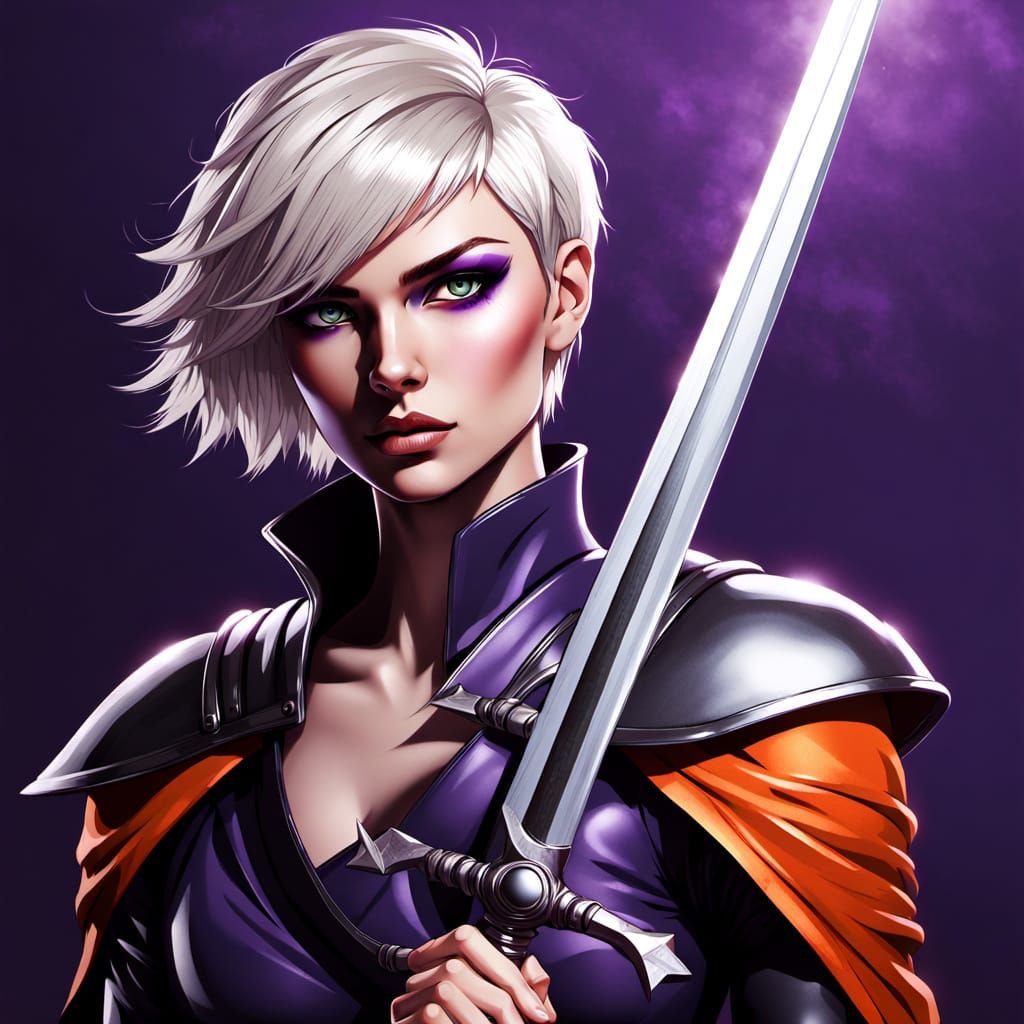 Androgynous Warrior with Pixelcut Hair Wields Scimitar, Grea...