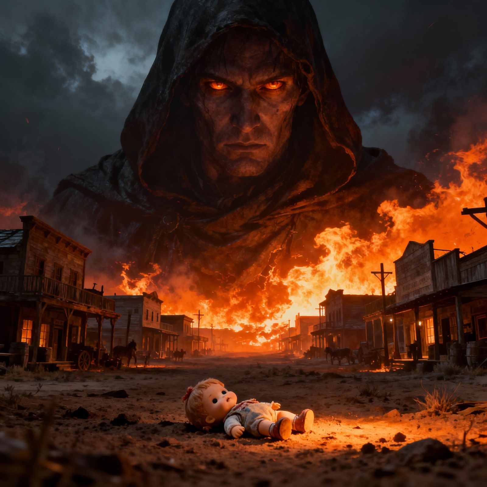 Apocalyptic Western Town Fire with Giant Cloaked Figure