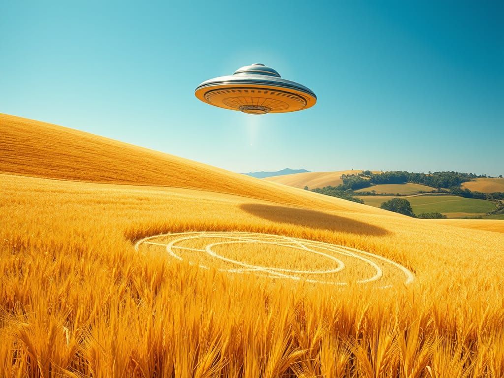 Golden Wheat Fields at Sunset with Majestic UFO Departure