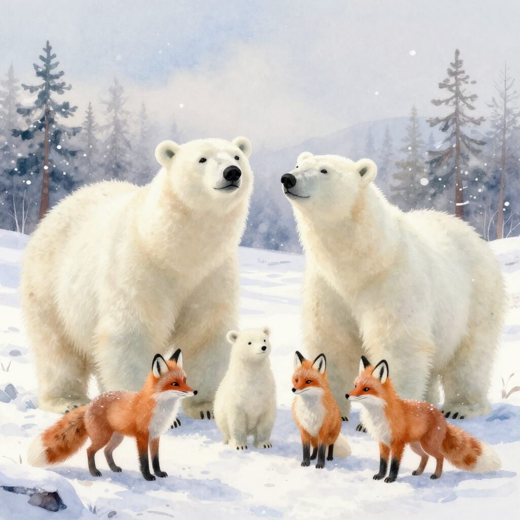 Whimsical Watercolor Winterscape of Arctic Animals