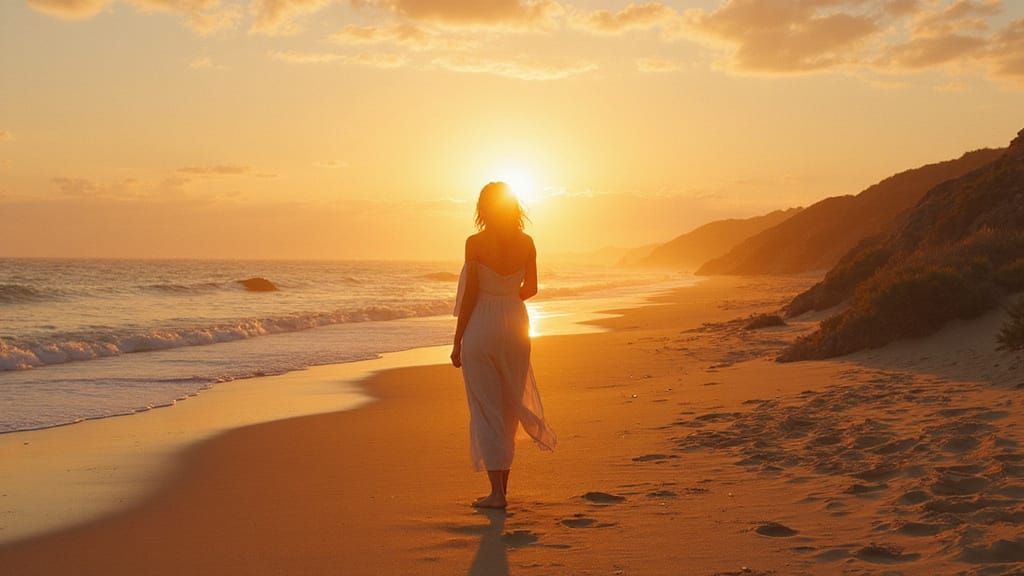 Woman on Serene Coastline at Golden Sunset