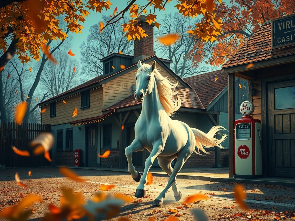 Elegant White Horse Runs Past Rustic Gas Station