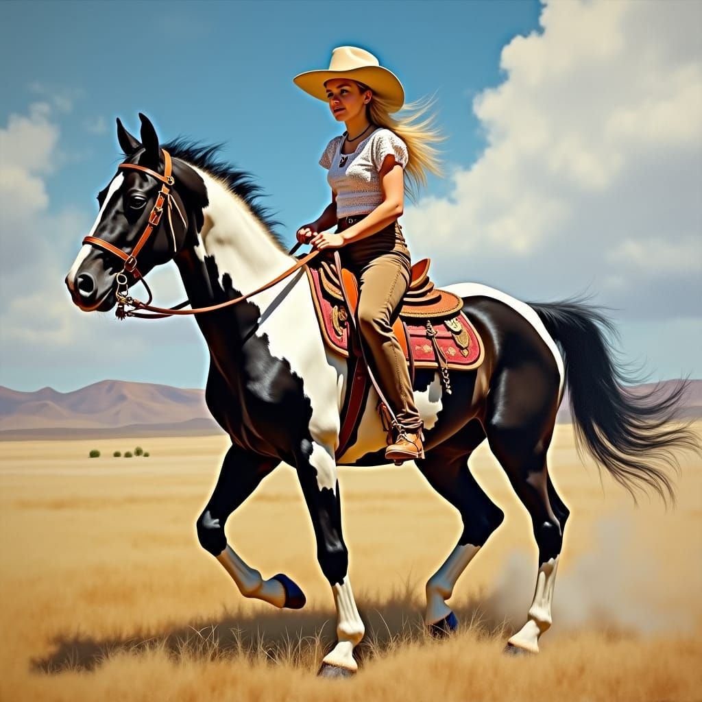 Cowgirl Rides Pinto Horse: Impressionistic Oil Painting
