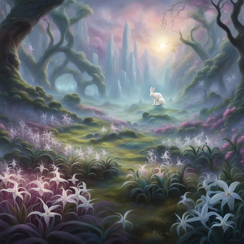 Ethereal Ghost Orchid Field with Grazing Bunny