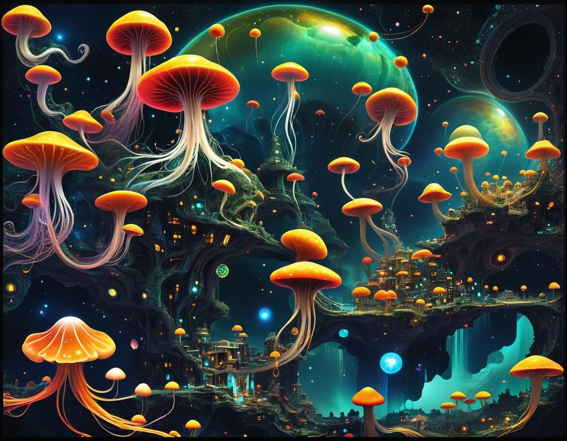 Teslapunk Mushroom City in Fractal Retrofuturism