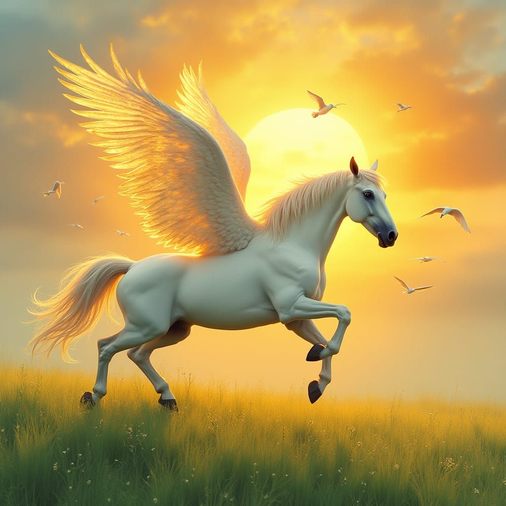 Ethereal White Horse Takes Flight in Dreamy Landscape