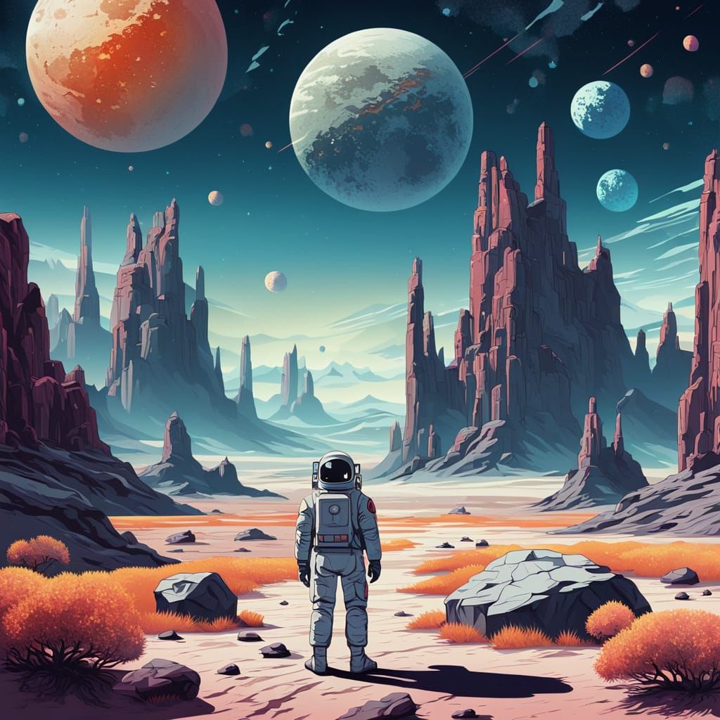 Astronaut on Alien Planet in Vintage Poster Style