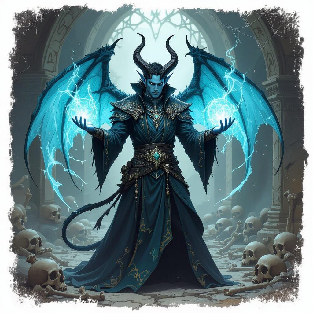 Male Tiefling Necromancer Casting Spell in Ancient Crypt