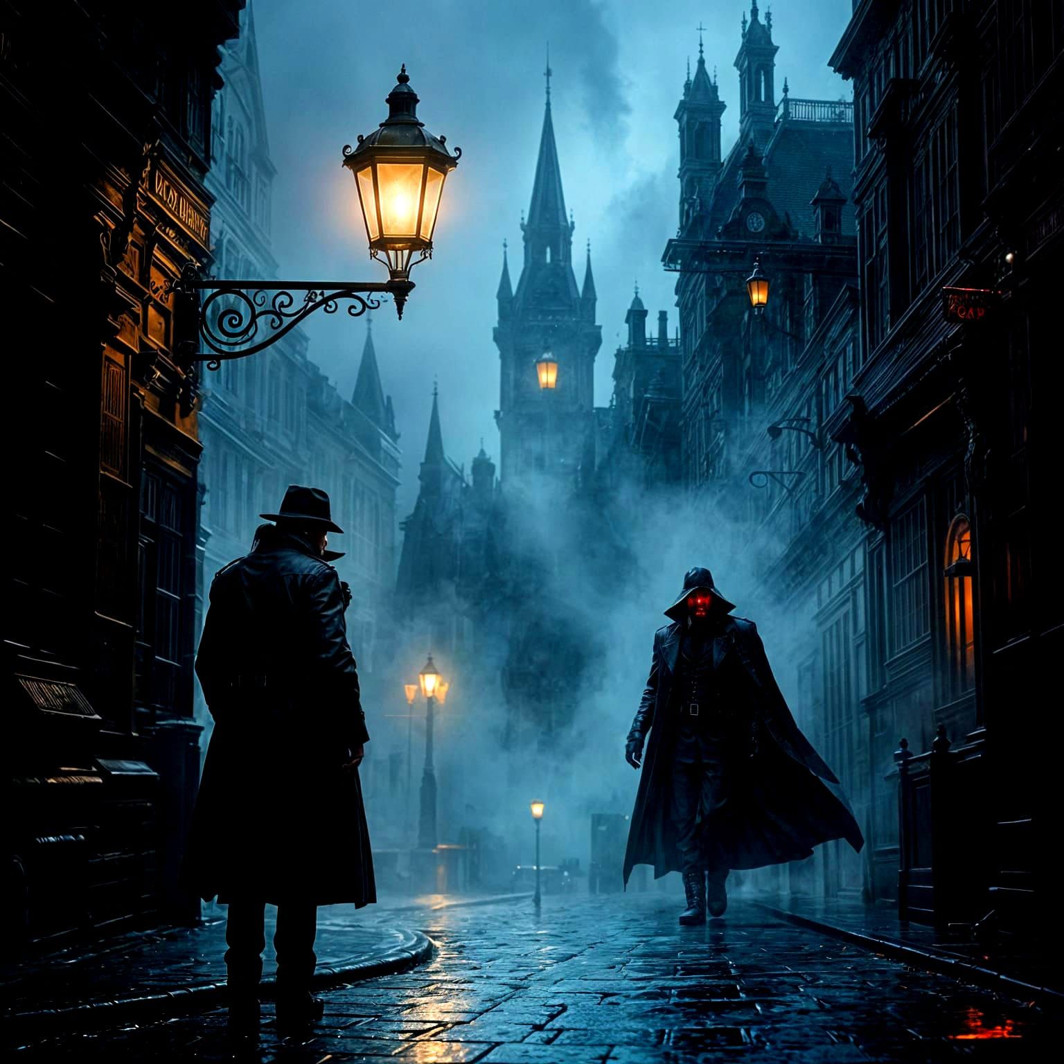 A grizzled detective in a trench coat, standing under a flic...