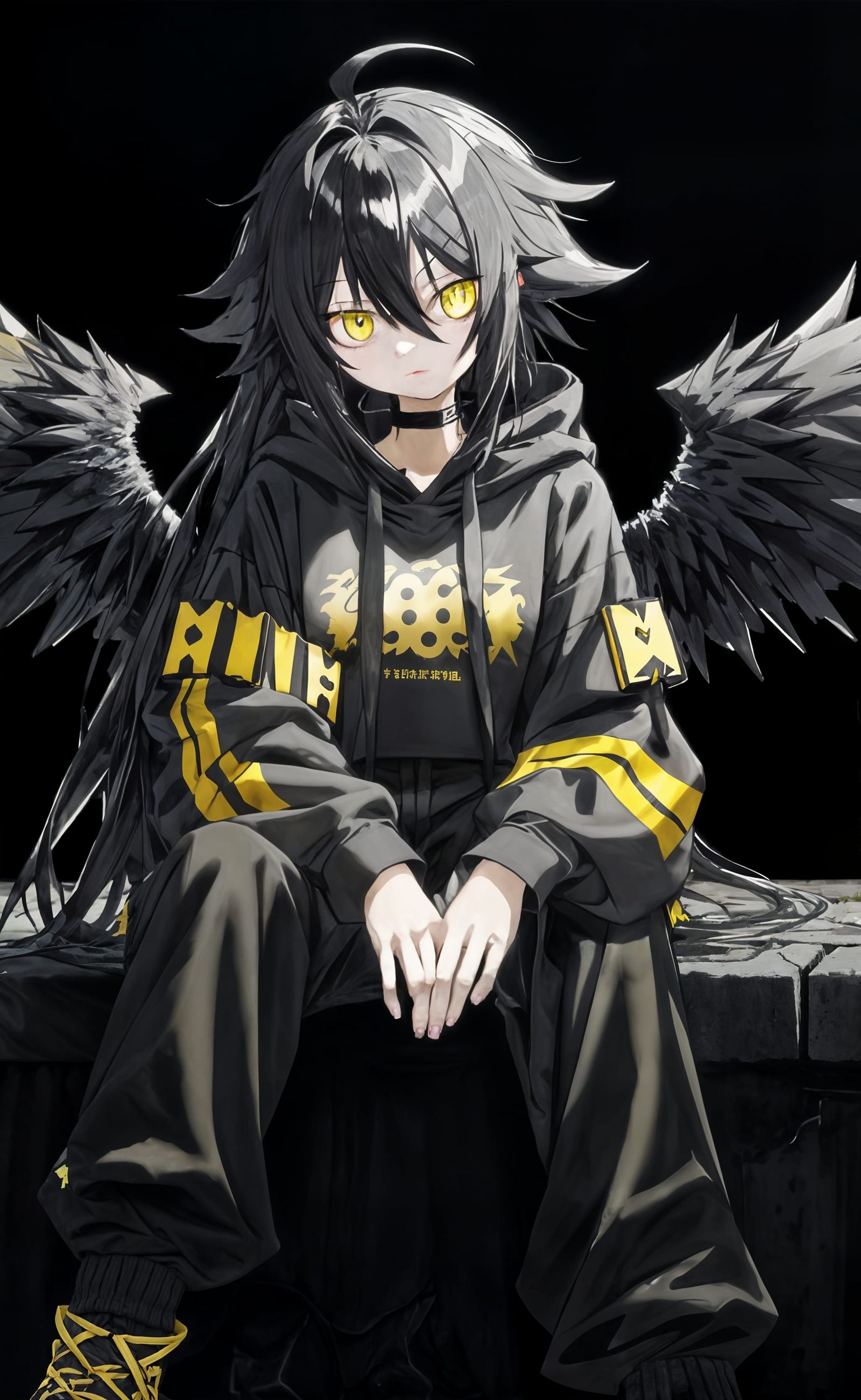 Sci-Fi Anime Girl with Black Wings in City