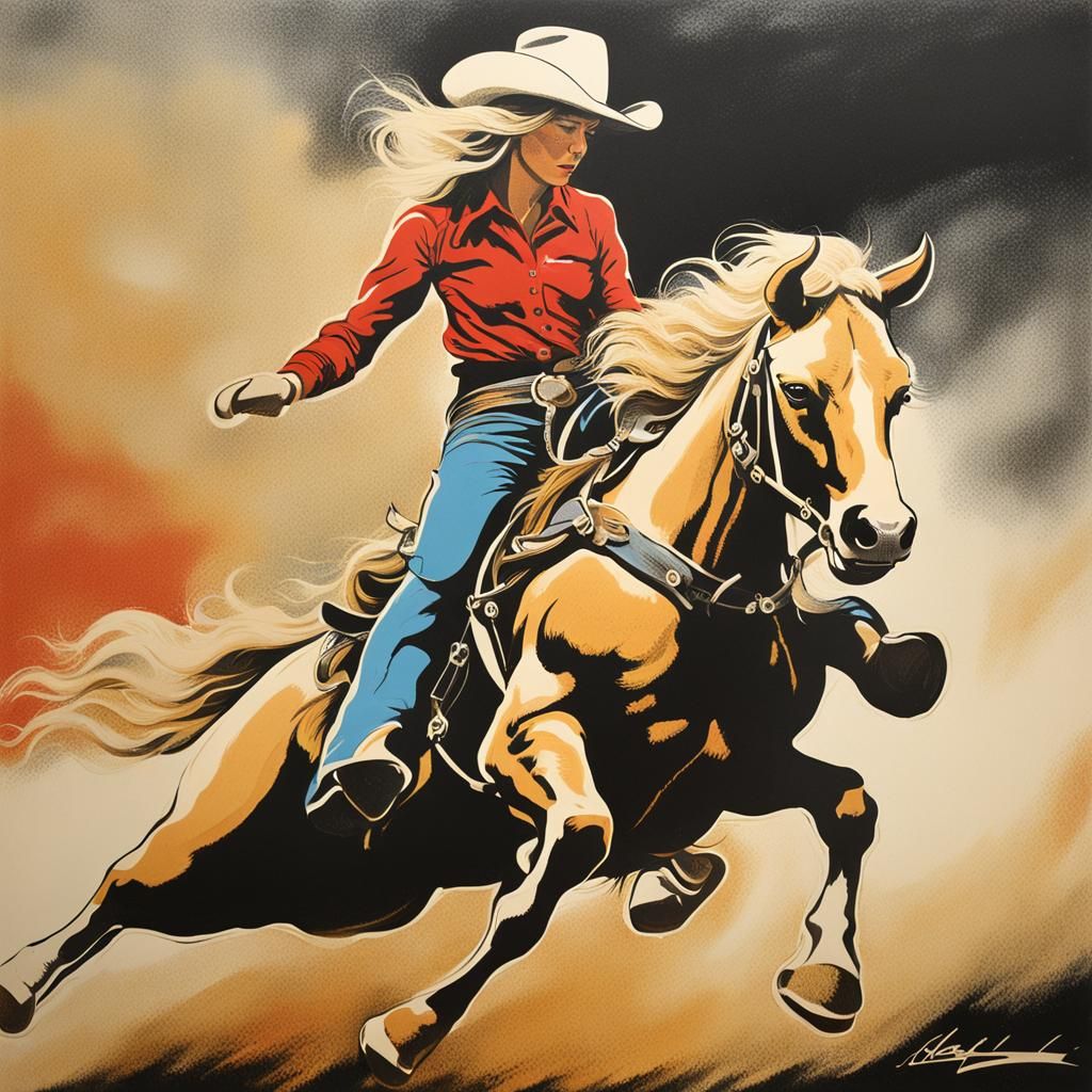 Woman Rides Bull in 70s Lithograph Style
