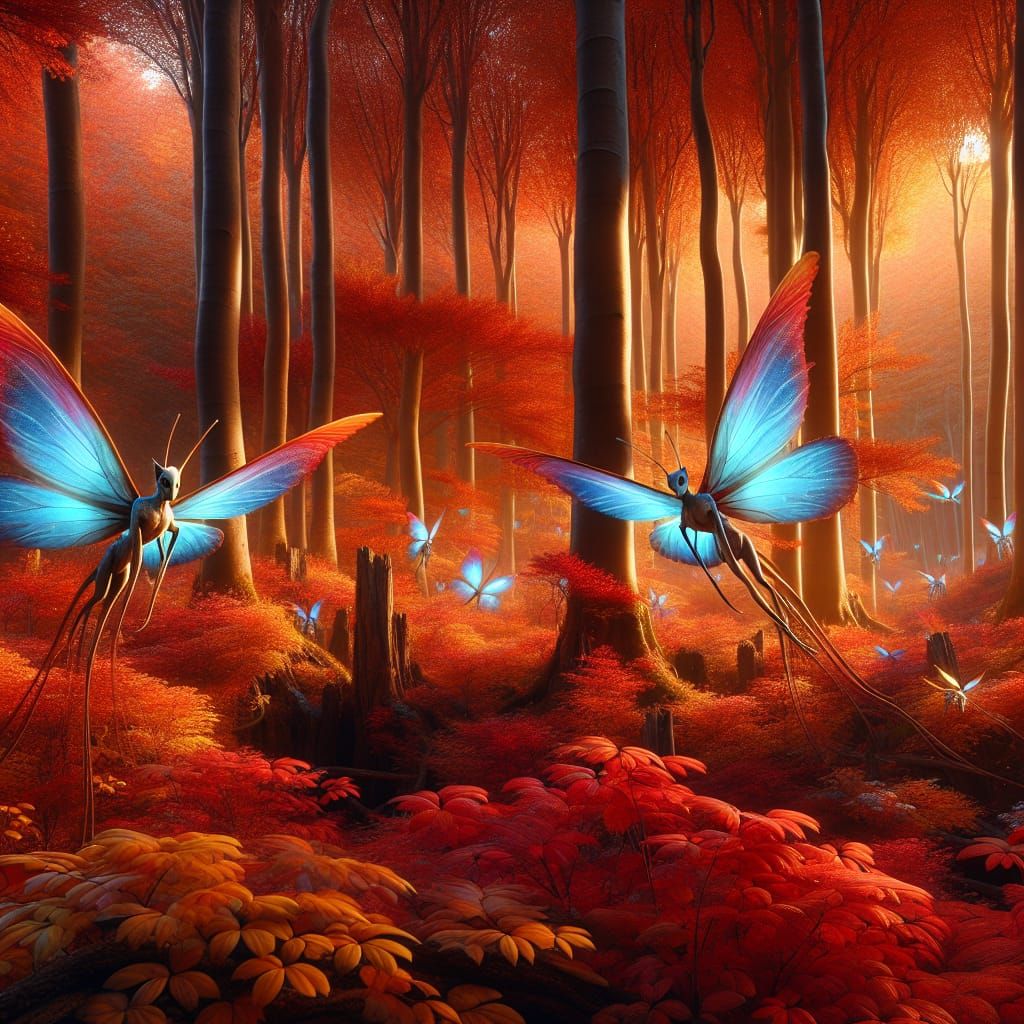 Enchanted Autumn Forest with Luminous Creatures