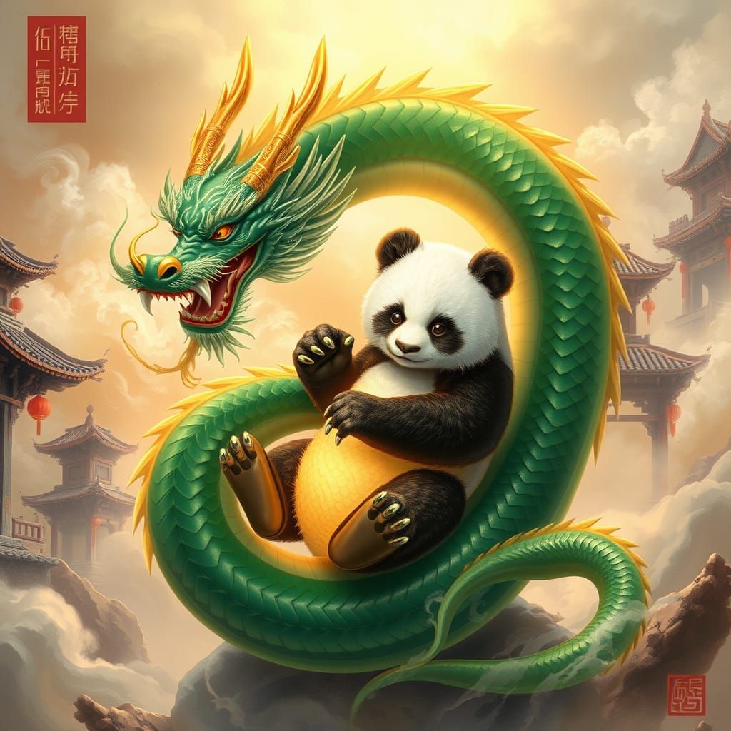 Ethereal Dragon Protects Serene Panda in Vibrant Kung Fu Sta...