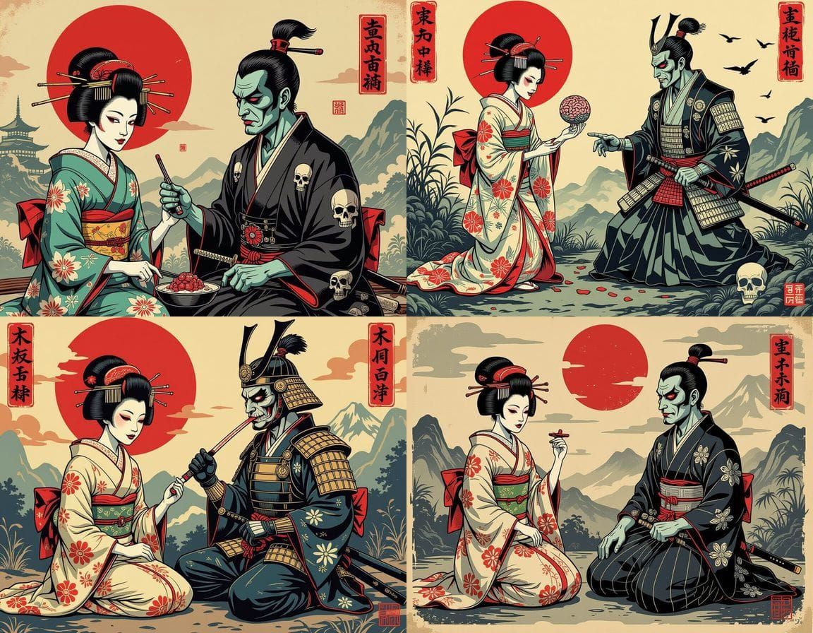 Surreal Vampire Geisha vs Samurai Monkey in Hokusai Style